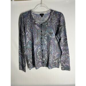 Talbots 100% Merino Wool Paisley Print Blue Cardigan Sweater Size LP Petite